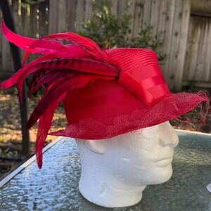 Joe Bill Miller Vintage Red Straw Hat Feathers Netting Veil Made in USA